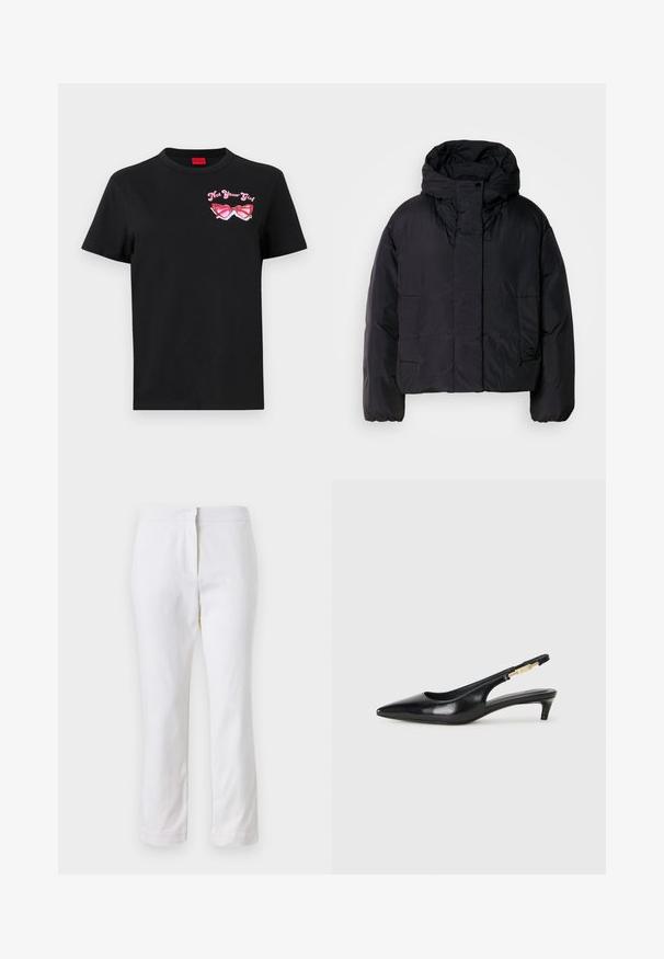 Melna pūka jaka ar augstu apkakli un kapuci, aprīkota ar divām priekšējām kabatām un elastīgam aprocēm. Gluda, viegla auduma struktūra ar matētu apdari.; Melnas kokvilnas t-krekls ar īsām piedurknēm, kurā ir rozā grafika ar saulesbrillēm un uzrakstu "Ne tava meitene" kreisajā krūtīs.; Baltas kokvilnas bikses ar taisnu kāju dizainu, ar vidēju augstumu un bez redzamām detaļām vai rakstiem. Visā virsmā ir gluda tekstūra.; Melnas ādas slingback zābaki ar smailu purngalu, ar šauru papēdi un zelta krāsas akcentu uz regulējama siksniņas. Gluda tekstūra.