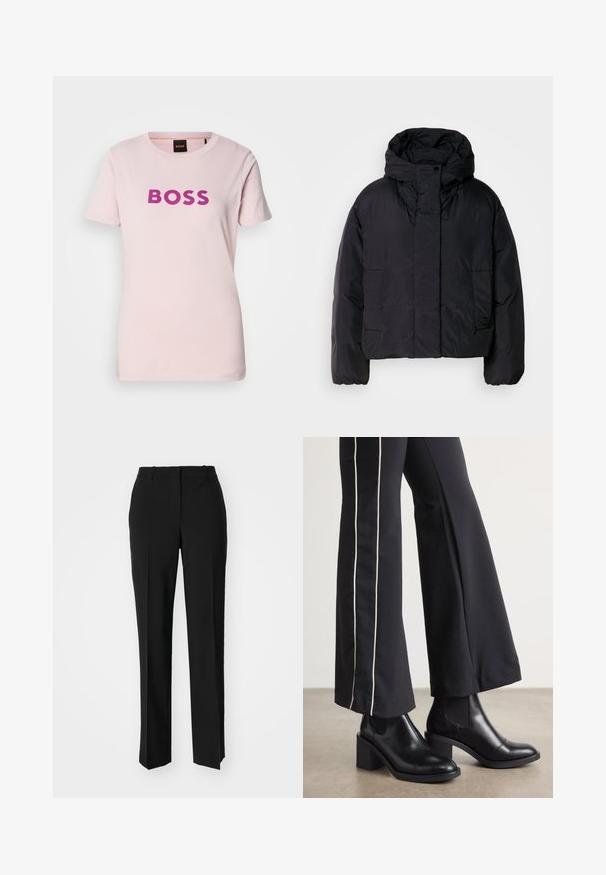 Čierna puffrová bunda s vysokým golierom a kapucňou, so zapracovanými dvoma prednými vreckami a elastickými manžetami. Hladký, ľahký materiál s matným povrchom.; Svietloružové bavlnené tričko s odvážnym fialovým logom "BOSS" v strede. Krátke rukávy a klasický dizajn s okrúhlym výstrihom.; Čierne krajčírské nohavice so strihom rovného nohu, s hladkou textúrou a ostrými skladmi pozdĺž prednej časti. Žiadne viditeľné hardvér.; Čierne kožené členkové topánky s blokovým podpätkom, vybavené elastickými bočnými panelmi. Skombinované s čiernymi nohavicami, ktoré majú biely bočný pruh.