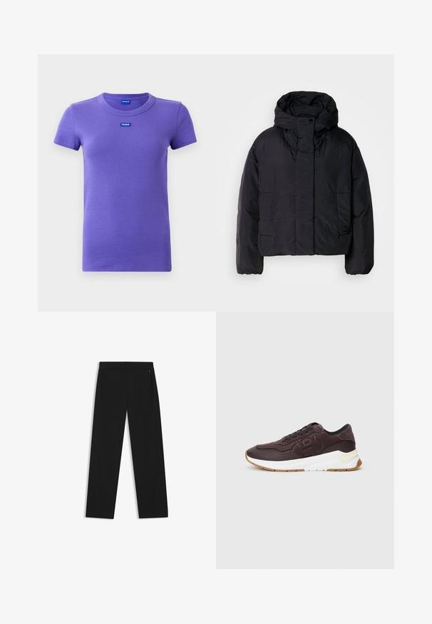 Mustat puhallinjakku korkealla kauluksella ja hupulla, jossa on kaksi etutaskua ja joustavat hihansuut. Liukas, kevyt materiaali, jossa on matta pinta.; Lila lyhythihainen ribbikudos t-paita, jossa on pyöreä kaula-aukko ja pieniä sinisiä "HUGO"-logoja rinnassa ja kauluksen sisällä.; Mustat leveälahkeiset housut, jotka on valmistettu sileästä kankaasta. Niissä on sivutaskut ja tasainen vyötärönauha, joka luo virtaviivaisen ilmeen.; Tummanruskea lenkkari mustalla vuorilla, kohokuvioitu logo sivulla, valkoinen paksu pohja ja kumivärinen ulkopohja yksinkertaisella taustalla.