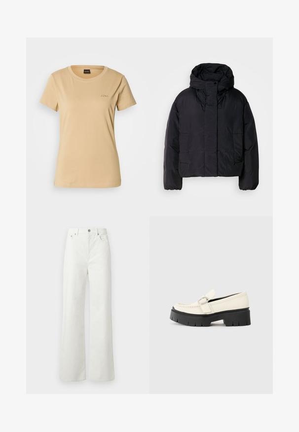 Crna puf jakna s visokim ovratnikom i kapuljačom, koja ima dva prednja džepa i elastične manžete. Glatki, lagani materijal s mat finishem.; Bež majica od pamuka s okruglim izrezom. Ima kratke rukave i reljefni "BOSS" logo na lijevoj strani grudnog koša. Glatka tekstura.; Samsøe Samsøe SHELLY - Traperice opuštenog kroja - clear cream; Bijeli kožni loafer s debelim crnim platformom, s pravokutnom srebrnom kopčom i vidljivim šavnim detaljima na gornjem dijelu.