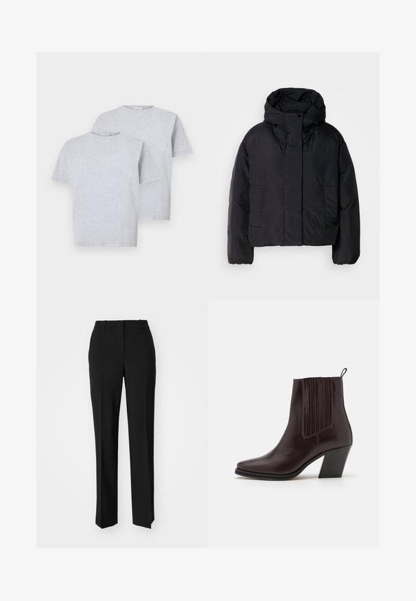 Črna pufasta jakna z visokim ovratnikom in kapuco, ki ima dva sprednja žepa in elastične manšete. Gladek, lahek material z mat površino.; Dve kratke majice s kratkimi rokavi v svetlo sivi barvi, narejene iz mehkega materiala, z okroglo ovratnikom in sproščenim krojem. Vsaka majica ima minimalne detajle.; Črne krojene hlače s direktnim krojem, ki se ponašajo z gladko teksturo in ostrimi pregibi spredaj. Ni vidne kovine.; Temno rjave usnjene gležnjarje s koničastim nosom, navpičnimi rebrastimi detajli ob strani in srednje visokim blokastim peto.