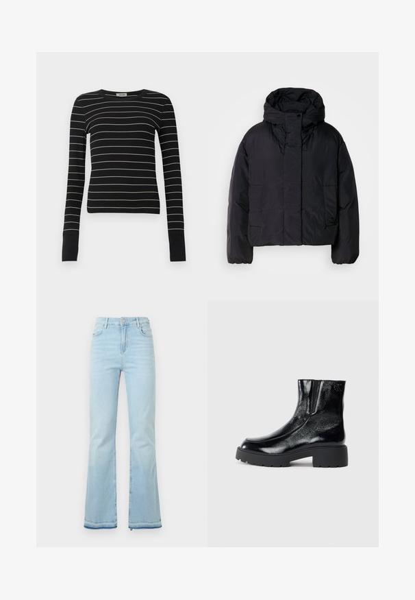 Svart pufferjacka med hög hals och huva, med två framfickor och elastiska ärmar. Slätt, lätt material med en matt finish.; Svart långärmad åtsittande topp med smala vita horisontella ränder och förlängda ärmslut, visad på en helt vit bakgrund.; Ljusblå utsvängda jeans i denim med hög midja, framfickor och rå kant vid bensluten för en avslappnad stil.; Svarta anklar stövlar med en glänsande lackläderfinish, kraftig svart gummisula och upphöjd klack; inkluderar subtil logotypdetalj på sidan.