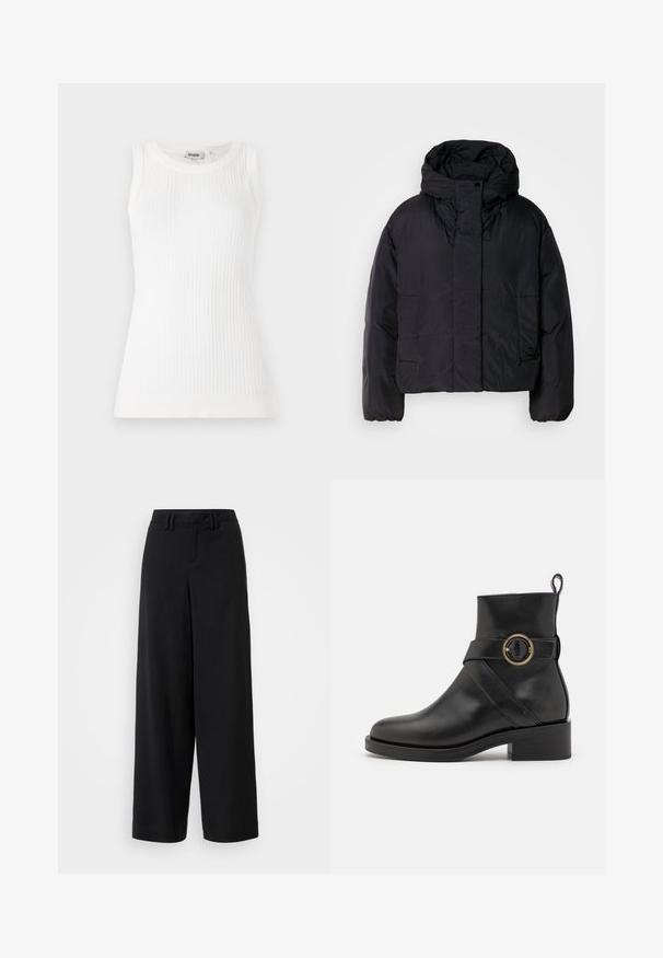 Schwarze Puffjacke mit hohem Kragen und Kapuze, ausgestattet mit zwei Fronttaschen und elastischen Bündchen. Glattes, leichtes Material mit matter Oberfläche.; Weißes, geripptes ärmelloses Oberteil mit rundem Ausschnitt und figurbetontem Schnitt, hergestellt aus einem leichten Stoff. Saubere, glatte Textur im gesamten Oberteil.; Schwarze weite Hosen aus glattem Stoff, mit einem flachen Frontdesign, gefältelten Details und Gürtelschlaufen am Bündchen.; BOSS IRYNA BOOTIE - Plateaustiefelette - black