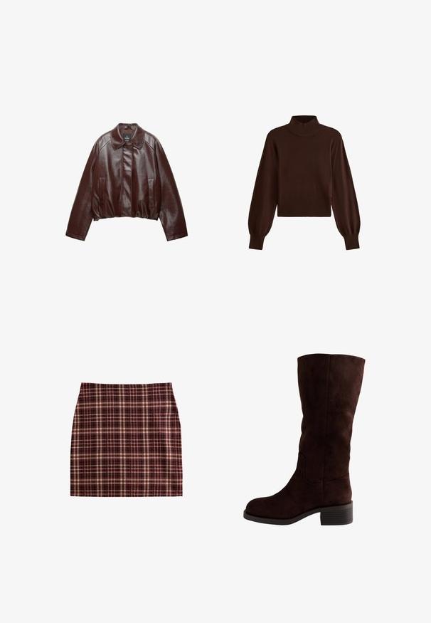 Veste courte en cuir bordeaux avec un col, deux poches latérales et une texture lisse et brillante. Dispose d'un ourlet élastique à la taille.; Pull en laine marron avec un col haut côtelé et des manches bouffantes, doté d'un ourlet côtelé ajusté. Texture douce et design court.; Jupe à carreaux dans des tons de bordeaux, beige et noir, avec un design structuré et une texture lisse, dotée d'une coupe droite.; Botte en suède marron, haute jusqu'au genou, avec un bout arrondi, un talon carré et un détail de couture latérale. Texture lisse avec une finition mate.