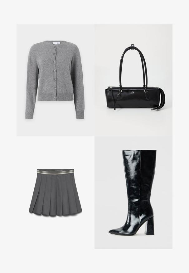 Burgundska kožna skraćena jakna s ovratnikom, dvije bočne džepove i glatku, sjajnu teksturu. Ima elastičnu rub na struku.; VILA VIRILEY O NECK CARDIGAN - Vesta na kopčanje - medium grey melange; Tamno siva plisirana suknja s prugastim elastičnim pojasom svijetlih i tamnih nijansi, položena ravno na bijeloj pozadini.; Crne čizme do koljena od sjajne kože, s oštrim vrhom i debelim geometrijskim potplatom s glatkom teksturom.; Crna kožna torba u pravokutnom obliku, glatke teksture, s dva ručka, zatvaranjem na patentni zatvarač i malim logom sprijeda.