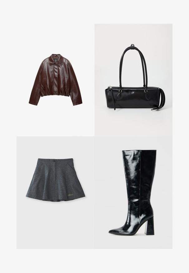 Burgundy színű bőr apró kabát, galléros nyakkal, két oldalsó zsebbel és sima, fényes textúrával. Az derékrészen rugalmas szegés található.; Kockás flanel ing fekete, fehér és szürke színekben. Gombos elülső rész, két mellzsebbe, valamint hosszú ujjú, gombos mandzsettákkal.; Szürke szoknya nadrág, textúrált anyagból készült, gombos derékpánttal, két oldalsó zsebbel és egy diszkrét hímzett logóval a szegélyén.; Fekete, magas csizma fényes bőrből, hegyes orral és sima textúrájú, vastag geometrikus sarokkal.; Fekete bőr kézitáska téglalap alakú, sima textúrával, két fogantyúval, cipzáros záródással és egy kis logóval az elején.