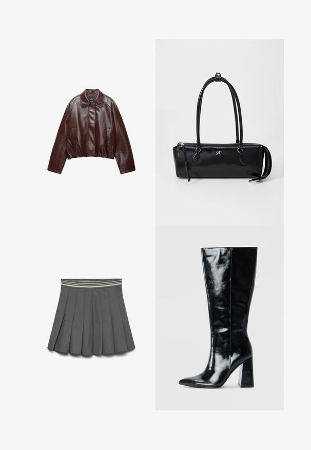 Bordeaux leren cropped jack met een kraaghals, twee zijzakken en een gladde, glanzende textuur. Heeft een elastische zoom bij de taille.; Geruite flanellen overhemd in zwart, wit en grijs. Beschikt over een knoopsluiting aan de voorkant, twee borstzakken en lange mouwen met knoopmanchetten.; Donkergrijze plissé rok met een gestreepte elastische tailleband in lichte en donkere tinten, plat gelegd op een witte achtergrond.; Zwarte kniehoge laarzen van glanzend leer, met een puntige neus en een chunky geometrische hak met een zachte textuur.; Zwarte leren handtas met een rechthoekige vorm, gladde textuur, twee handgrepen, ritssluiting en een klein logo aan de voorkant.