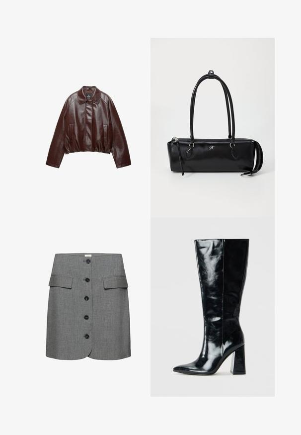 Giacca cropped in pelle bordeaux con colletto, due tasche laterali e una texture liscia e lucida. Presenta un orlo elastico in vita.; Camicia di flanella a quadri in nero, bianco e grigio. Presenta una chiusura con bottoni, due tasche sul petto e maniche lunghe con polsini bottonati.; Gonna a righe grigie con due tasche frontali, orlo rotondo e sei bottoni neri sul davanti per la chiusura. Tessuto dalla consistenza strutturata.; Stivali neri al ginocchio in pelle lucida, con punta appuntita e un tacco geometrico robusto dalla superficie liscia.; Borsa a tracolla nera in pelle di forma rettangolare, con una superficie liscia, due manici, chiusura con zip e un piccolo logo sulla parte anteriore.