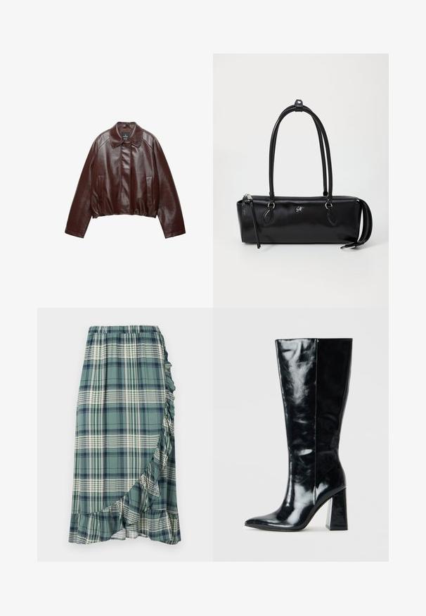 Burgundska kožna skraćena jakna s ovratnikom, dvije bočne džepove i glatku, sjajnu teksturu. Ima elastičnu rub na struku.; Karirano flanel košulja u crnoj, bijeloj i sivoj boji. Ima prednje dugmadi, dva džepa na prsima i duge rukave s dugmadima na manžetama.; Karirana suknja u zelenoj i mornarskoj boji, s volanom na rubu i elastičnom strukom. Tkanina ima glatku teksturu s različitim kariranim uzorcima.; Crne čizme do koljena od sjajne kože, s oštrim vrhom i debelim geometrijskim potplatom s glatkom teksturom.; Crna kožna torba u pravokutnom obliku, glatke teksture, s dva ručka, zatvaranjem na patentni zatvarač i malim logom sprijeda.
