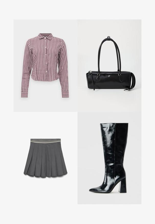 Giacca cropped in pelle bordeaux con colletto, due tasche laterali e una texture liscia e lucida. Presenta un orlo elastico in vita.; Camicia a maniche lunghe con bottoni in un motivo a quadri rosa e viola. Presenta un colletto, un'orlo curvo e una morbida texture del tessuto.; Gonna plissettata grigio scuro con una cintura elastica a righe in tonalità chiare e scure, posata su uno sfondo bianco.; Stivali neri al ginocchio in pelle lucida, con punta appuntita e un tacco geometrico robusto dalla superficie liscia.; Borsa a tracolla nera in pelle di forma rettangolare, con una superficie liscia, due manici, chiusura con zip e un piccolo logo sulla parte anteriore.