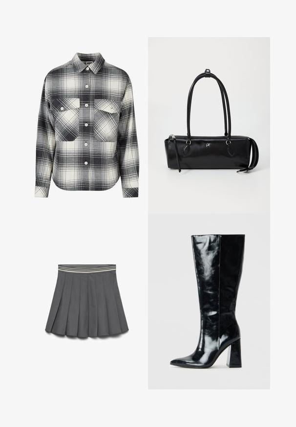 Bordeaux leren cropped jack met een kraaghals, twee zijzakken en een gladde, glanzende textuur. Heeft een elastische zoom bij de taille.; Geruite flanellen overhemd in zwart, wit en grijs. Beschikt over een knoopsluiting aan de voorkant, twee borstzakken en lange mouwen met knoopmanchetten.; Donkergrijze plissé rok met een gestreepte elastische tailleband in lichte en donkere tinten, plat gelegd op een witte achtergrond.; Zwarte kniehoge laarzen van glanzend leer, met een puntige neus en een chunky geometrische hak met een zachte textuur.; Zwarte leren handtas met een rechthoekige vorm, gladde textuur, twee handgrepen, ritssluiting en een klein logo aan de voorkant.