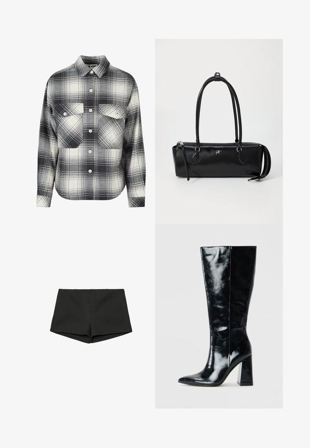 Burgundy læder cropped jakke med krave, to sidelommer og en glat, skinnende overflade. Har elastisk kant ved taljen.; Rutet flannel skjorte i sort, hvid og grå. Har knaplukning foran, to brystlommer og lange ærmer med knapmansjetter.; Sorte shorts lavet af struktureret stof, med en høj talje og en tætsiddende pasform med sømme foran. Ingen lommer eller fastgøringer synlige.; Sorte knæhøje støvler lavet af blank læder, med spidse tå og en chunky geometrisk hæl med en glat tekstur.; Sort læderhåndtaske med rektangulær form, glat tekstur, to håndtag, lynlås-lukning og et lille logo på forsiden.