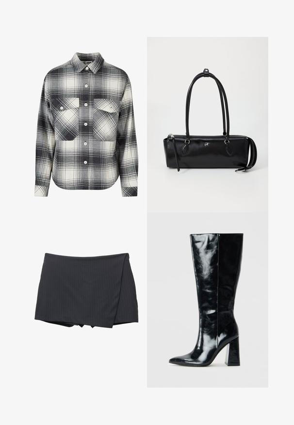 Burgundy színű bőr apró kabát, galléros nyakkal, két oldalsó zsebbel és sima, fényes textúrával. Az derékrészen rugalmas szegés található.; Kockás flanel ing fekete, fehér és szürke színekben. Gombos elülső rész, két mellzsebbe, valamint hosszú ujjú, gombos mandzsettákkal.; Fekete csíkos mini szoknya átkötős dizájnnal, sima anyagból készült. Tiszta befejezésű és nem látható záródásokkal rendelkezik.; Fekete, magas csizma fényes bőrből, hegyes orral és sima textúrájú, vastag geometrikus sarokkal.; Fekete bőr kézitáska téglalap alakú, sima textúrával, két fogantyúval, cipzáros záródással és egy kis logóval az elején.