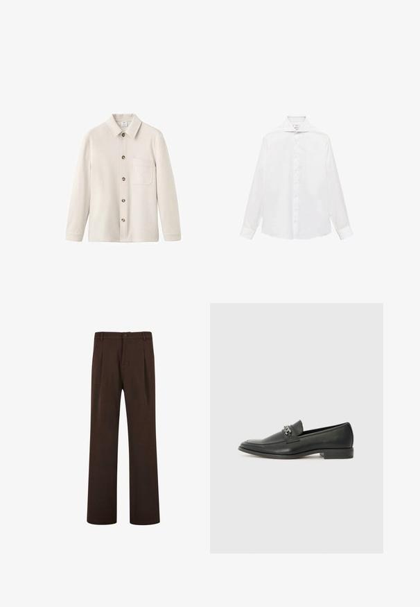 Jasno beżowa koszula z klasycznym kołnierzykiem, pięcioma guzikami z przodu i kieszonką na piersi; wykonana z miękkiego, fakturowanego materiału.; Biała, długorękawowa koszula zapinana na guziki z wyrazistym kołnierzykiem, o gładkiej fakturze i siedmioma guzikami z przodu.; Brązowe spodnie o prostym kroju, z zapięciem na guzik i plisami, wykonane z gładkiego materiału. Brak widocznych kieszeni i wzorów.; Czarne skórzane mokasyny o gładkim wykończeniu, z haftowanym wzorem i dekoracyjnym akcentem z metalowego łańcucha na wierzchu. Płaska pięta.