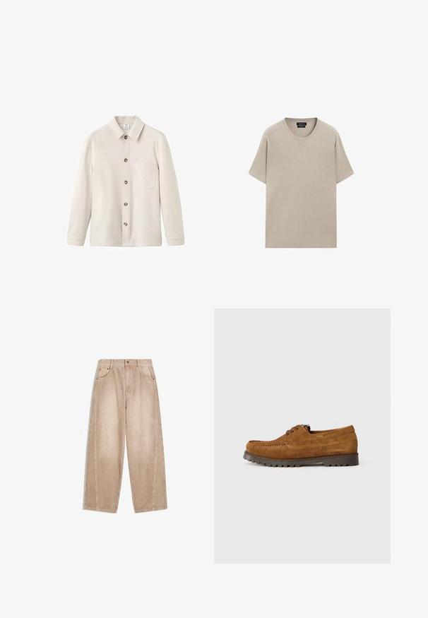 Ljusbeige skjorta med klassisk krage, fem knappar framtill och bröstficka; tillverkad av mjukt, texturerat tyg.; Beige bomullströja med rund halsringning, korta ärmar och en avslappnad passform. Slät textur med en enkel design, utan synliga mönster eller detaljer.; Beige manchestervidbyxor med vertikala ribbor, utrustade med framfickor, bälteshällor och en zip-fly med knappstängning.; Bruna mockaläder snörskor med tjock svart trattsula, synlig sömnad och klassisk mokkasindesign på vit bakgrund.