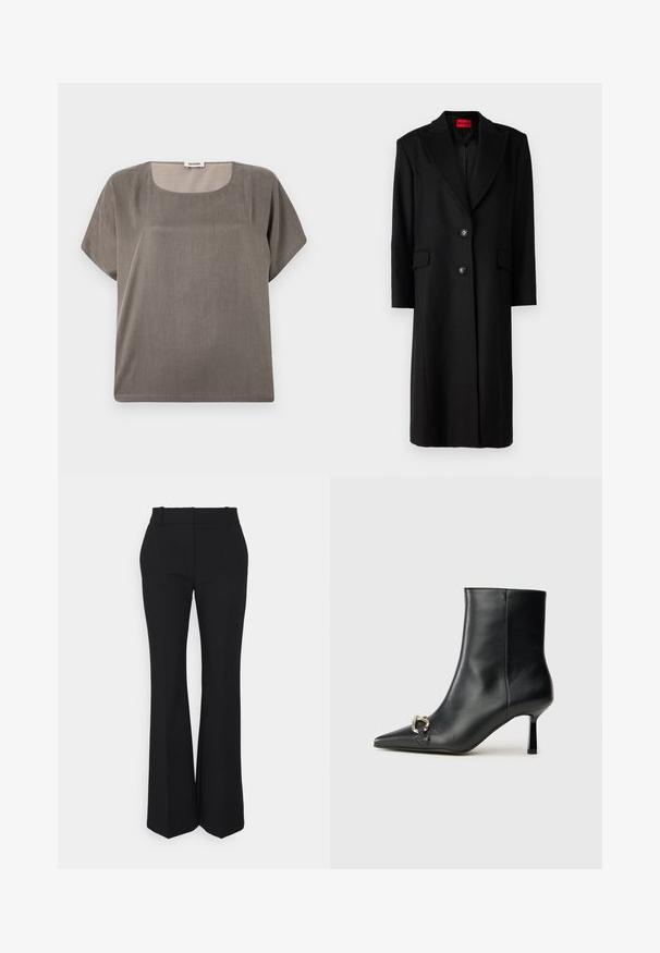 Sort lang frakke med skræddersyet silhuet, notch-lapel, to forlommer og enkelt knaplukning. Indersiden har et mønstret foer.; Kortærmet top i en dæmpet grå farve, med en firkantet udskæring og en afslappet pasform, lavet af et let, tekstureret stof.; Sorte plisserede bukser med et lige ben-design, lavet af et glat stof. Har en høj talje og usynlige sidelommer.; Sort læder ankelstøvle med spidse tæer, slank hæl i mellemhøjde og sølvspænde detaljer på siden mod en ensfarvet baggrund.