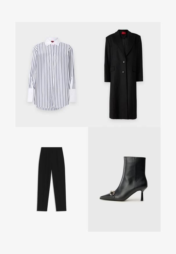 Sort lang frakke med skræddersyet silhuet, notch-lapel, to forlommer og enkelt knaplukning. Indersiden har et mønstret foer.; Hvid skjorte med knapper og marineblå lodrette striber, lange ærmer med hvide manchetter, klassisk krave og en buet søm. Glat stoftekstur.; Sorte bukser med lige pasform, der har dobbelte folder, en glat tekstur og et klassisk taljedesign. Ingen synlige hardware eller accenter.; Sort læder ankelstøvle med spidse tæer, slank hæl i mellemhøjde og sølvspænde detaljer på siden mod en ensfarvet baggrund.