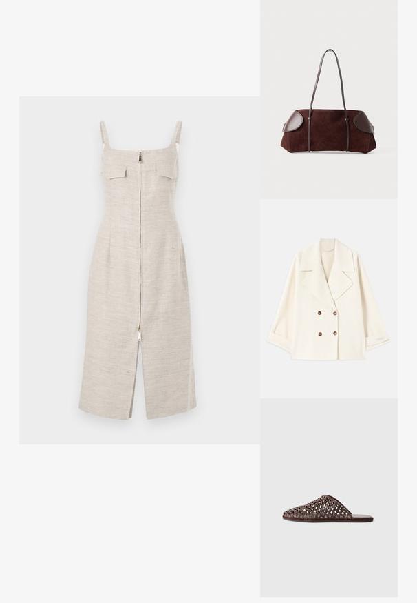 Krém színű, rövidített, dupla soros kabát széles hajtókákkal és barna gombokkal, laposan elrendezve, enyhén hajtott ujjakkal.; Beige vászonruha testhezálló fazonnal, állítható vállpántokkal, két elülső zsebbel és középen végig húzódó zipzárral a nyaktól az alsó szegélyig.; Barna szőtt csúsztatós szandál lekerekített orral, nyitott dizájnnal, lapos talppal és texturált felülettel. Könnyű anyag és minimalista sziluett.; Barna velúr táska bőrkiegészítőkkel, strukturált forma, dupla vállpántok és kerekded élek, sima felülettel és minimális fém kiegészítőkkel.