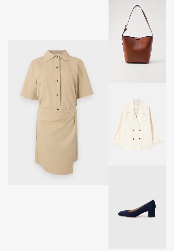 Kreminės spalvos trumpa dvigubai užsegama striukė su plačiomis apykaklėmis ir rudos spalvos mygtukais, išdėstyta plokščiai, rankovės šiek tiek sulenktos.; Chaki spalvoti trumpų rankovių suknelė su mygtukų apykakle, priekiniais mygtukais, dirželiu juosmenyje ir asimetriniu hemu. Lygus medvilnės audinys.; Tamsiai mėlynos zomšos bateliai su smailiu nykščiu ir vidutinio aukščio blokiniu kulnu. Lygi tekstūra su subtiliu blizgesiu ir mažas įpjovimas priekyje.; Ruda odinė petinė rankinė su kreivam formu, lygia tekstūra ir viena plona juosta. Yra švelni siūlė ir mažas logotipo elementas.