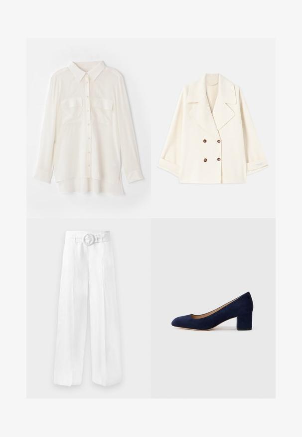 Cappotto doppiopetto corto color crema con ampi rever e bottoni marroni, esposto piatto con le maniche leggermente piegate.; Camicia bianca a maniche lunghe realizzata in tessuto leggero. Presenta un colletto classico, due tasche sul petto e un orlo posteriore leggermente più lungo.; Pantaloni in lino bianchi a gamba ampia con vita con cintura dotata di fibbia circolare. Tessuto morbido con una vestibilità ampia, senza motivi visibili.; Pump in suede blu Navy con punta affusolata e tacco blocco di media altezza. Texture liscia con una leggera lucentezza e un piccolo taglio sul davanti.