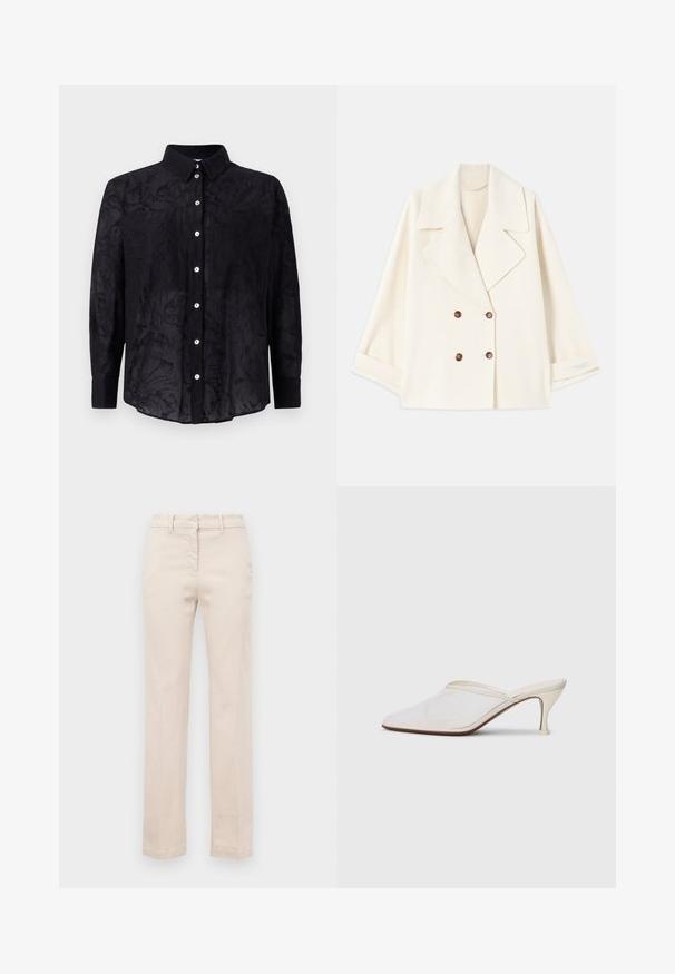 Palton scurt, de culoare crem, cu două rânduri de nasturi și rever larg, expus plat, cu mânecile ușor pliate.; Cămașă neagră de tip button-up, confecționată dintr-un material ușor, cu o textură florală subtilă, având guler și închidere cu nasturi în față.; Pantaloni din bumbac bej cu o croială ajustată, picioare drepte, fermoar frontal și o textură netedă. Dispun de bucle de curea tradiționale.; Mule alb cu plasă, cu vârf ascuțit, toc subțire de înălțime medie și design slip-on, pe un fundal simplu.