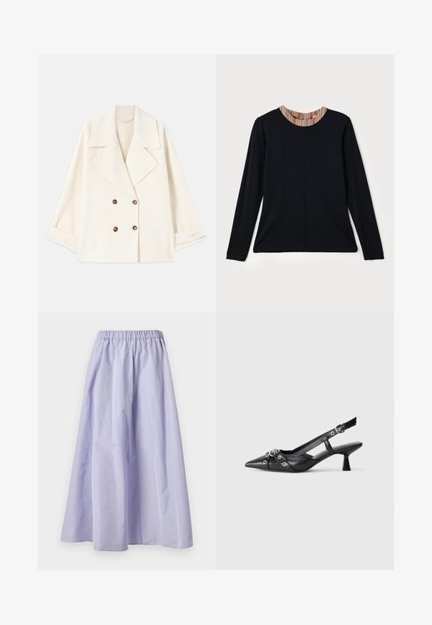 Krém színű, rövidített, dupla soros kabát széles hajtókákkal és barna gombokkal, laposan elrendezve, enyhén hajtott ujjakkal.; Fekete, hosszú ujjú felső, kerek kivágással, melynek gallérján színes csíkos díszítés található. Simaszerkezetű anyag, laza szabású.; Levendula színű, széles lábú szoknya könnyű anyagból, rugalmas derékkal, sima textúrával és lágy vonalakkal.; Fekete bőr slingback cipő hegyes orral, dekoratív pántokkal, fém szemekkel és alacsony blokk sarkú. Texturált felület.