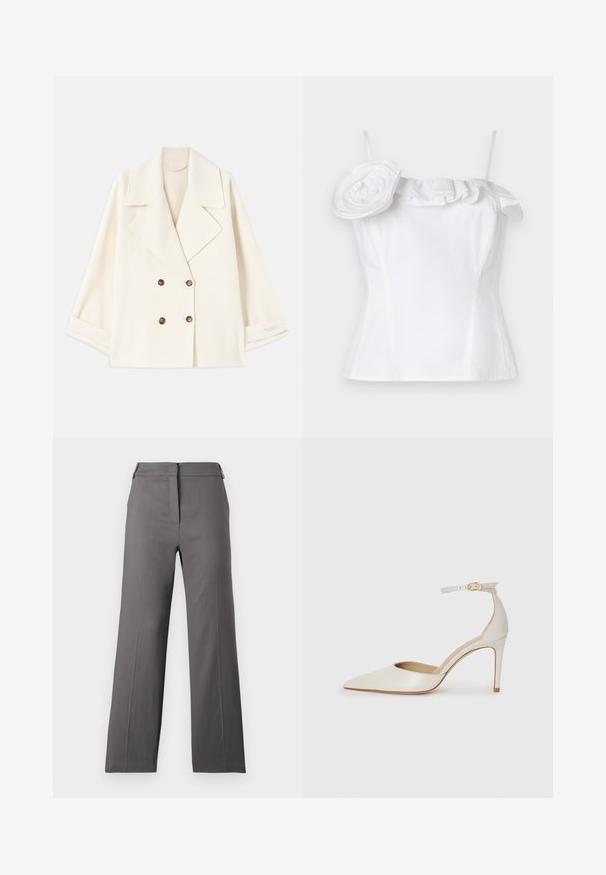 Casaco cropped de cor creme, de botões duplos e lapelas largas, apresentado de forma plana com as mangas ligeiramente dobradas.; Top branco sem mangas com um decote frisado e uma grande flor decorativa de um lado; textura suave, design ajustado.; Calças largas cinzas com uma textura suave, apresentando um frente plana, fecho de zipper e detalhes mínimos. Cortadas para um ajuste descontraído.; Sapato de salto alto em pele branca com biqueira pontiaguda, faixa no tornozelo e um salto fino de stiletto. Textura suave com um leve acabamento brilhante.