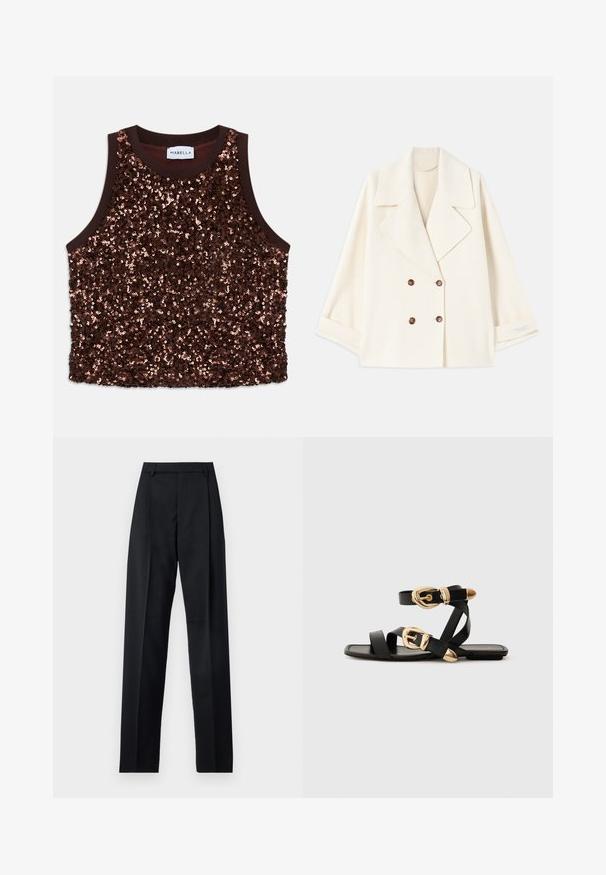 Crème-kleurige cropped dubbelzijdige jas met brede revers en bruine knopen, plat weergegeven met licht gevouwen mouwen.; Mouwloze top versierd met pailletten in rijk bruin, met een gladde bruine bies en glinsterende koperen accenten over het vooroppervlak.; Zwarte broek gemaakt van gladde stof met een hoge taille, wijde benen, voorplooien en klassieke ceintuurlussen. Geen zijzakken zichtbaar.; Zwarte leren sandaal met gouden gespaccenten, voorzien van meerdere banden en een vlakke zool voor open-teenschoen gebruik.