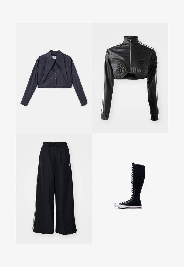 Melns īss žakets no mākslīgās ādas, ar spirāles formas polsterējumiem krūšu daļā, ar rāvējslēdzēju priekšpusē un baltām svītrām uz piedurknēm.; Apgriezta tumši zilā krekla ar lielu norādītu apkakli, garām piedurknēm un pogām. Izgatavots no gludas, strukturētas auduma.; Melni plataji svārki, kas izgatavoti no viegla auduma. Raksturīga elastīga josta ar auklu un baltām sānu svītrām. Zīmola logo uz gurniem.; Melni augstie sporta apavi ar augstu dizainu, izgatavoti no kanvas. Iezīmēti ar baltiem auklām, diegojumiem un gumijas zoli ar purngalu.