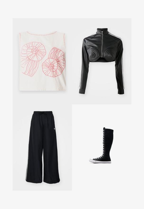 Black cropped jacket made of faux leather, featuring spiral-shaped padded accents on the bust, zip front, and white side stripes on sleeves.; White cotton tank top featuring two large pink spiral seashell designs with outlined patterns and textured stitching.; Black wide-leg pants made from lightweight fabric. Features an elastic waistband with drawstring and white side stripes. Brand logo on hip.; Black high-top sneakers with a tall design, made of canvas. Feature white laces, stitching, and a rubber sole with a toe cap.