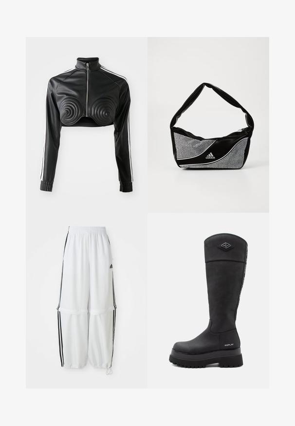 Čierna skrátená bunda z umelej kože s vystuženými akcentmi v tvare spirály na prsiach, predným zipsom a bielymi prúžkami po stranách na rukávoch.; Biely crop top vyrobený z bavlny s hladkou textúrou. Má úzke ramienka a malú čiernu značku "The North Face" na hrudi.; Biele športové nohavice so voľným strihom, elastickým pásom a čiernymi bočnými pruhmi. Obsahujú zipsové vrecká a elastické manžety na členkoch.; Čierna kožená čižma po kolená s hrubou podrážkou, logo "Replay" pri päte a na vrchnej prednej časti, a značkový pás bežiaci pozdĺž zadnej časti.; Čierna a strieborná taška adidas s hladkým povrchom, s lesklým nitovaným vzorom a výrazným zakriveným dizajnom.
