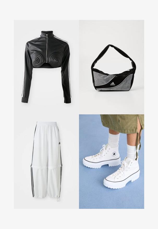 Sort cropped jakke lavet af kunstlæder, med spiralformede polstrede detaljer på brystet, lynlås foran og hvide sidestriber på ærmerne.; Hvid crop top lavet af bomuld med en glat tekstur. Har smalle stropper og et lille sort logo med "The North Face" på brystet.; Hvide sportbukser med en afslappet pasform, elastisk talje og sorte sidelæg. Har lynlåslommer og elastiske afslutninger ved anklerne.; Hvide højtop sneakers med et tekstureret canvas-overdel, gummitåhætte og tyk hvid platformssål. Har sorte accenter og snøreringe.; Sort og sølv adidas taske med en glat tekstur, prydet med et skinnende nittermønster og et karakteristisk buet design.