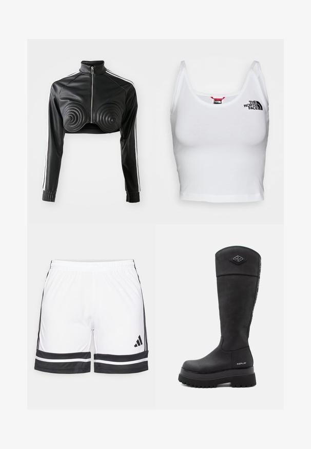 Schwarze, kürzere Jacke aus Kunstleder, mit spiralförmigen gepolsterten Akzenten auf der Brust, durchgehendem Reißverschluss und weißen Seitenstreifen an den Ärmeln.; Weißes Crop-Top aus Baumwolle mit glatter Textur. Verfügt über schmale Träger und ein kleines schwarzes Logo von "The North Face" auf der Brust.; Weiße Sportshorts mit schwarzen Akzenten, ausgestattet mit einem dehnbaren Bund und kontrastierenden schwarzen Streifen entlang des Saums und der Seiten.; Schwarzer knielanger Lederstiefel mit dicker Profilsohle, "Replay"-Logo in der Nähe der Ferse und an der Vorderseite oben sowie einem markierten Streifen, der hinten entlangläuft.