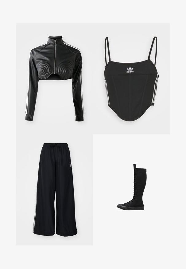 Chaqueta negra corta de cuero sintético, con detalles acolchados en forma de espiral en el busto, cierre frontal con cremallera y franjas blancas en los laterales de las mangas.; Top corto negro con canalé y tirantes finos ajustables, que presenta tres rayas blancas a los lados y un pequeño logo de Adidas blanco en el centro.; Pantalones anchos negros hechos de tejido ligero. Cuenta con una cintura elástica con cordón y rayas laterales blancas. Logo de la marca en la cadera.; Botas altas de lienzo negras con puntera redondeada, cierre de cremallera y cordones en la parte delantera. Presentan una superficie texturizada y suela de goma.
