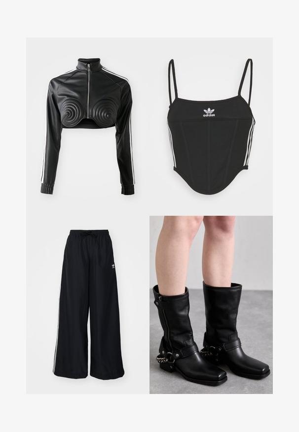 Schwarze, kürzere Jacke aus Kunstleder, mit spiralförmigen gepolsterten Akzenten auf der Brust, durchgehendem Reißverschluss und weißen Seitenstreifen an den Ärmeln.; Schwarzes, geripptes Crop Top mit verstellbaren dünnen Trägern, das drei weiße Streifen an den Seiten und ein kleines weißes Adidas-Logo in der Mitte aufweist.; Schwarze weite Hosen aus leichtem Material. Mit elastischem Bund und Kordelzug sowie weißen Seitenstreifen. Markenlogo auf der Hüfte.; Schwarze Lederstiefel bis zum Knie mit eckiger Zehenpartie, seitlichem Reißverschluss und verstellbarem Riemen mit einer Metallkette. Mattes Finish und robuste Sohle.