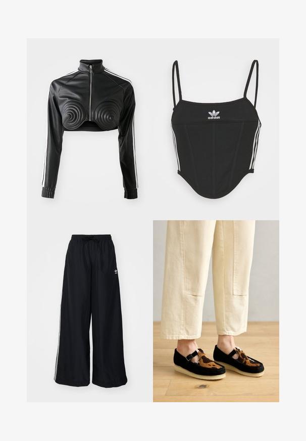 Czarna krótka kurtka z sztucznej skóry, z spiralnymi, pikowanymi akcentami na biuście, z przodu na zamek oraz białymi paseczkami po bokach rękawów.; Czarny prążkowany top krótki z regulowanymi cienkimi ramiączkami, z trzema białymi paskami po bokach i małym białym logo Adidas na środku.; Czarne spodnie typu wide-leg wykonane z lekkiego materiału. Posiadają elastyczny pas z troczkiem i białe paski po bokach. Logo marki na biodrze.; Czarno-brązowe buty wsuwane w cętki z beżową podeszwą i konstrukcją na pasku T, wykonane z teksturowanego materiału, noszone z kremowymi spodniami.