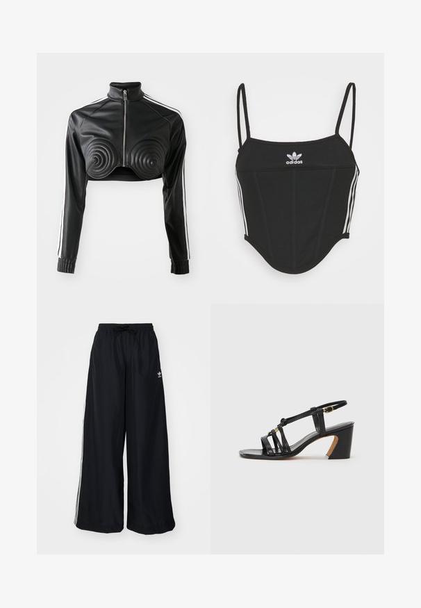 Fekete, cropped fazonú kabát műbőrből, spirál alakú, párnázott díszítésekkel a mellrészen, cipzáros elülső záródással, és fehér oldalsávokkal a ujjakon.; Fekete bordás crop top állítható vékony pántokkal, három fehér csíkkal az oldalán és egy kis fehér Adidas logóval a közepén.; Fekete, bő szabású nadrág, könnyű anyagból készült. Rugalmas derékkal, zsinórral és fehér oldalcsíkokkal rendelkezik. Márkalogó a csípőn.; Paul Smith AMIRA - Klasszikus sarkú cipők - black