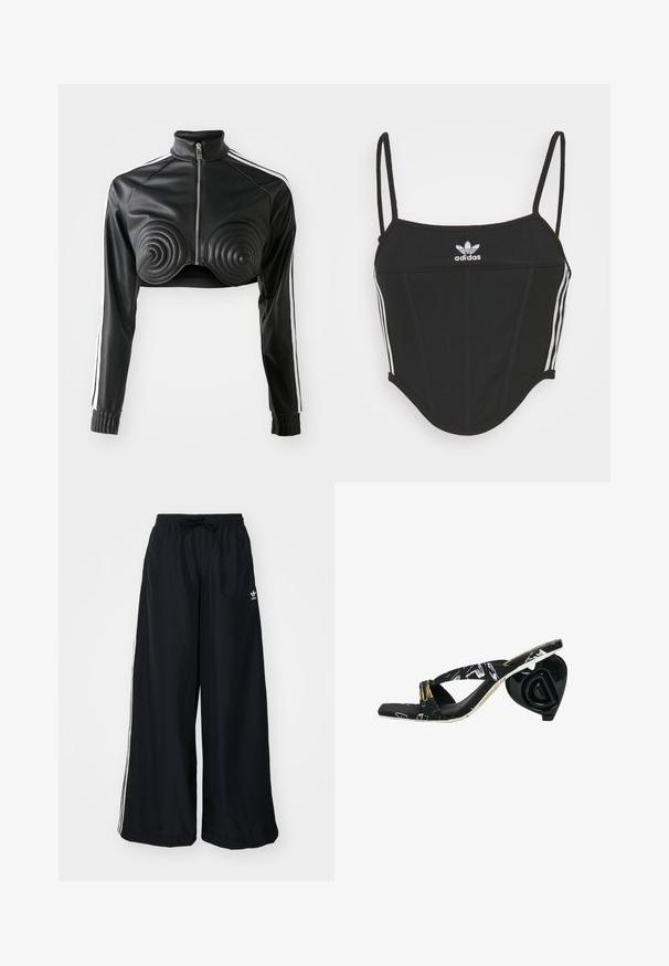 Black cropped jacket made of faux leather, featuring spiral-shaped padded accents on the bust, zip front, and white side stripes on sleeves.; Black ribbed crop top with adjustable thin straps, featuring three white stripes on the sides and a small white Adidas logo at the center.; Black wide-leg pants made from lightweight fabric. Features an elastic waistband with drawstring and white side stripes. Brand logo on hip.; Black flip-flop with cross straps, patterned upper, and a sculptural black heart-shaped heel featuring a logo detail.