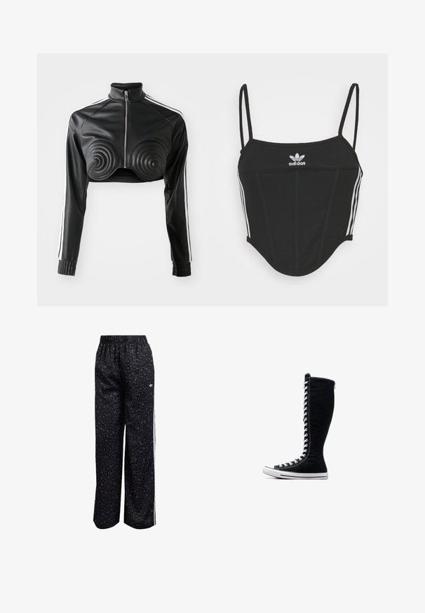 Juodas trumpas švarkas iš dirbtinės odos, su spiralės formos paminkštinimais krūtinėje, užtrauktuku priekyje ir baltais šonais ant rankovių.; Juodas juostuotas trumpas viršus su reguliuojamomis plonomis petnešomis, puikuojantis trimis baltomis juostelėmis šonuose ir mažuoju balto Adidas logotipu centre.; Juodi sportiniai kelnių su leopardo raštu, elastinga juosta ir baltais šonų juostelėmis. Pagaminti iš lygaus, lengvo audinio.; Juodos aukštos sportinės bateliai su aukštu dizainu, pagaminti iš kanvo. Su baltais raišteliais, siūlėmis ir guminėmis padais su pirštų kepurėle.