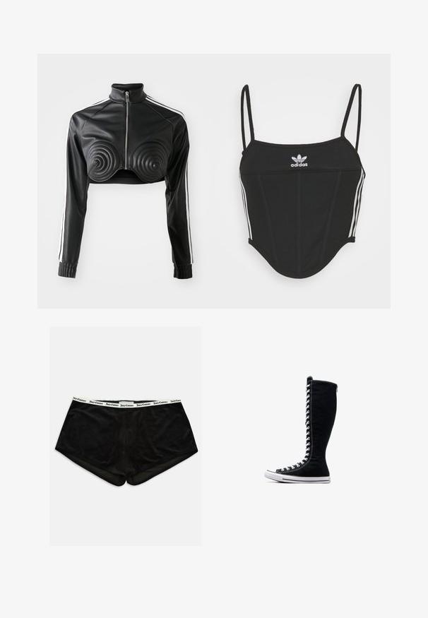 Juodas trumpas švarkas iš dirbtinės odos, su spiralės formos paminkštinimais krūtinėje, užtrauktuku priekyje ir baltais šonais ant rankovių.; Juodas juostuotas trumpas viršus su reguliuojamomis plonomis petnešomis, puikuojantis trimis baltomis juostelėmis šonuose ir mažuoju balto Adidas logotipu centre.; Juodos bokso šortai, pagaminti iš minkštos medžiagos, su balta elastinga juosta, ant kurios juodai išspausdinta "Juicy Couture". Lygus paviršius, stačiakampio formos.; Juodos aukštos sportinės bateliai su aukštu dizainu, pagaminti iš kanvo. Su baltais raišteliais, siūlėmis ir guminėmis padais su pirštų kepurėle.