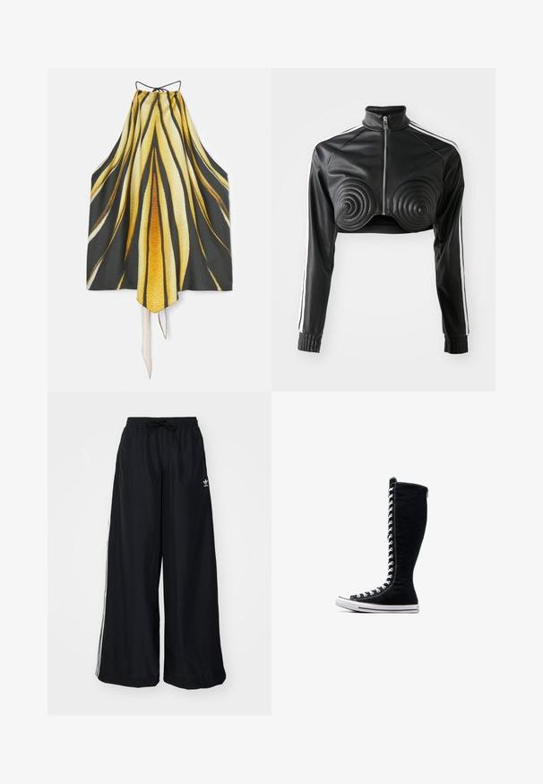 Schwarze, kürzere Jacke aus Kunstleder, mit spiralförmigen gepolsterten Akzenten auf der Brust, durchgehendem Reißverschluss und weißen Seitenstreifen an den Ärmeln.; Roberto Cavalli Top - giallo; Schwarze weite Hosen aus leichtem Material. Mit elastischem Bund und Kordelzug sowie weißen Seitenstreifen. Markenlogo auf der Hüfte.; Schwarze High-Top-Sneaker mit hohem Design, aus Canvas. Sie verfügen über weiße Schnürsenkel, Nähte und eine Gummisohle mit einer Zehenkappe.