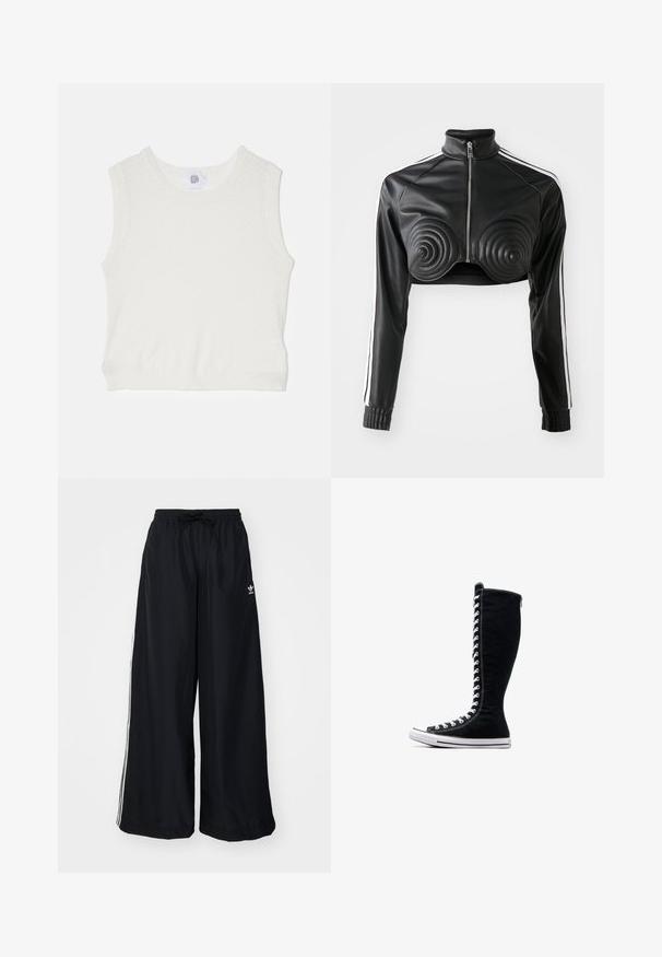 Must beeta mustärge lõigatud jakki, mis on valmistatud tehisnahast, sisaldades spiraalikujulisi polsterdatud aktsente rinnal, tõmblukuga esikülge ja valgeid külgtriibe varrukatel.; Valge ilma varrukateta särk tekstuurse kudumise mustriga, ümar kaelus ja soonikutaoline ääre. Selles on väike brändi silt selja keskel.; Mustad must laiad püksid, mis on valmistatud kergest kangast. Omavad elastset vöökohta tõmblukuga ja valget külgtriipu. Brändi logo puus.; Mustad mustad ketsid, millel on pikk disain, valmistatud kanvasest. Omavad valgeid paelu, õmblusi ja kummist tallat, millel on varbapatja kate.