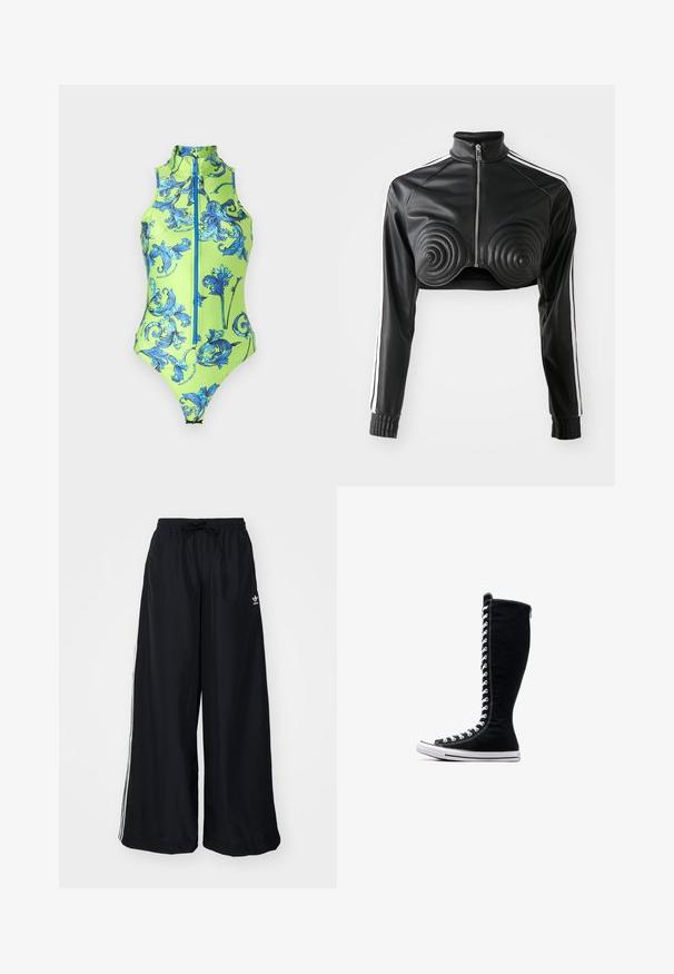Mustat lyhyet nahkajaket, joissa on keinonahkaa, spiraalimaisia pehmusteita rinnan kohdalla, vetoketjuluukku ja valkoiset sivusuorat hihansuissa.; Vihreä uimapuku, jossa on korkea kaulus, sininen kukkakuosi, vetoketjukiinnitys edessä ja sileä, joustava materiaali.; Mustat leveät housut, jotka on valmistettu kevyestä kankaasta. Varustettu joustavalla vyötärökaistalla, jossa on kiristysnauha, ja valkoisilla sivusuunnilla. Brändin logo lantiossa.; Musta korkeavartinen lenkkarit, joissa on korkea muotoilu, valmistettu kankaasta. Varustettu valkoisilla nauhoilla, ompeleilla ja kumipohjalla, jossa on varvaskuppi.