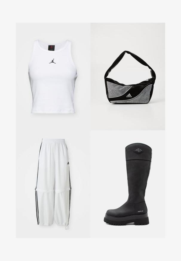 Black cropped jacket made of faux leather, featuring spiral-shaped padded accents on the bust, zip front, and white side stripes on sleeves.; White crop tank top made of cotton with a ribbed texture. Features a black Jordan logo at the center and a classic crew neckline.; White athletic pants with a relaxed fit, elastic waistband, and black side stripes. Features zipper pockets and elastic cuffs at the ankles.; Black knee-high leather boot with thick lug sole, "Replay" logo near heel and at top front, and branded strip running down the back.; Black and silver adidas handbag with a smooth texture, featuring a shiny studded pattern and a distinctive curved design.