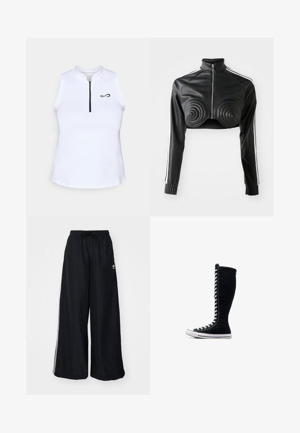 Sort cropped jakke lavet af kunstlæder, med spiralformede polstrede detaljer på brystet, lynlås foran og hvide sidestriber på ærmerne.; Hvid ærmeløs top med høj krave, med en frontlynlås og et sort logo på venstre side. Glat, let stof.; Sorte vide bukser lavet af letvægtsstof. Har en elastisk talje med snøre og hvide sidelister. Brandlogo på hoften.; Sorte høje sneakers med et højt design, lavet af kanvas. Har hvide snørebånd, syninger og en gummisål med en tåhætte.