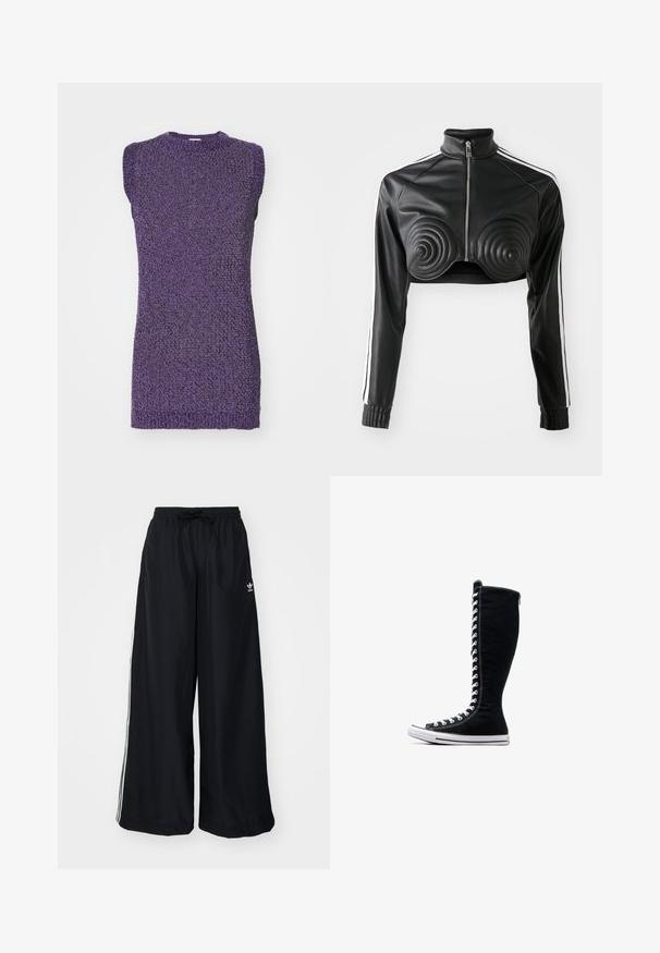 Melns īss žakets no mākslīgās ādas, ar spirāles formas polsterējumiem krūšu daļā, ar rāvējslēdzēju priekšpusē un baltām svītrām uz piedurknēm.; Violeta bez piedurknēm adīta džemperis ar teksturētu adījuma rakstu un noapaļotu kaklu. Audums izskatās mīksts un nedaudz elastīgs.; Melni plataji svārki, kas izgatavoti no viegla auduma. Raksturīga elastīga josta ar auklu un baltām sānu svītrām. Zīmola logo uz gurniem.; Melni augstie sporta apavi ar augstu dizainu, izgatavoti no kanvas. Iezīmēti ar baltiem auklām, diegojumiem un gumijas zoli ar purngalu.
