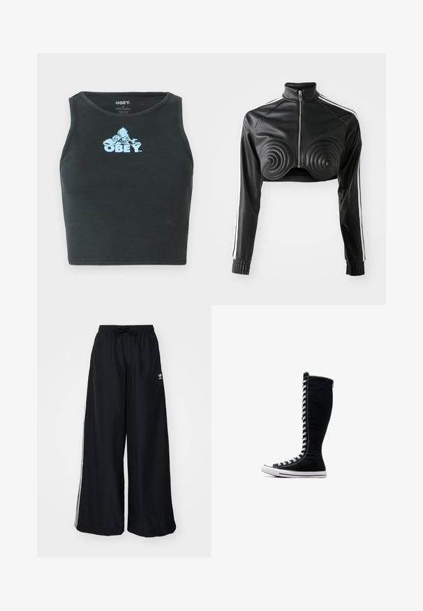 Crna skraćena jakna od umjetne kože, s ukrasima u obliku spirale na prsima, patentnim zatvaračem sprijeda i bijelim bočnim prugama na rukavima.; Crni rebrasti pamučni kratki top s laganim plavim grafičkim logotipom u sredini prsnog dijela. Bez rukava, s okruglim izrezom.; Crne široke hlače od lagane tkanine. Imaju elastičnu struk i vezicu, a s donje strane su ukrašene bijelim trakama. Logo branda se nalazi na kukovima.; Crne visoke tenisice s visokim dizajnom, izrađene od platna. Imaju bijele vezice, šavove i gumeni potplat s zaštitom za nožne prste.
