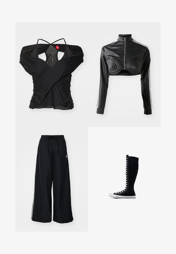 Zwarte cropped jas van nep leer, met spiraalvormige gewatteerde accenten op de buste, een ritssluiting aan de voorkant en witte zijstrepen op de mouwen.; 032c DRAPED SWAN EVENING - T-shirt print - black; Zwarte wijde pijpen broek gemaakt van lichtgewicht stof. Heeft een elastische tailleband met een trekkoord en witte zijstrepen. Merklogo op de heup.; Zwarte hoge sneakers met een hoge ontwerp, gemaakt van canvas. Beschikken over witte veters, stiksels en een rubberen zool met een neuskap.