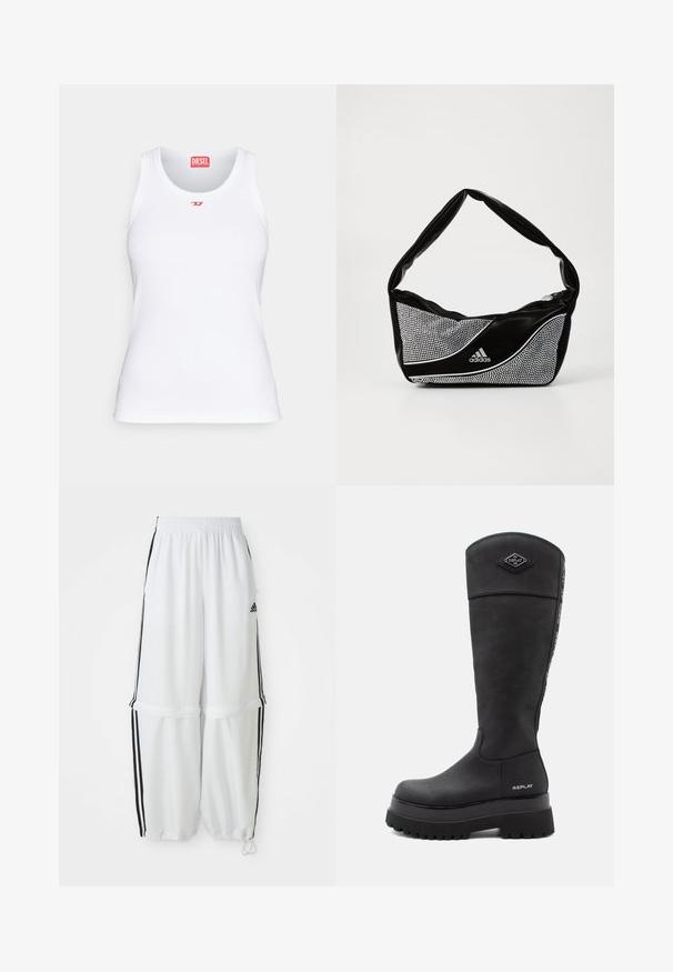 Black cropped jacket made of faux leather, featuring spiral-shaped padded accents on the bust, zip front, and white side stripes on sleeves.; White tank top made of cotton, featuring a rounded neckline, slim fit, and a small red Diesel logo on the chest. Smooth texture.; White athletic pants with a relaxed fit, elastic waistband, and black side stripes. Features zipper pockets and elastic cuffs at the ankles.; Black knee-high leather boot with thick lug sole, "Replay" logo near heel and at top front, and branded strip running down the back.; Black and silver adidas handbag with a smooth texture, featuring a shiny studded pattern and a distinctive curved design.
