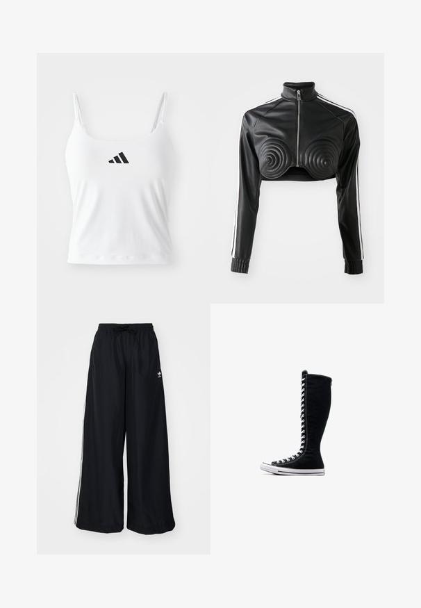 Casaco curto preto feito de couro sintético, com detalhes acolchoados em forma de espiral na parte do busto, fecho com zip e riscas brancas nas mangas.; Top branco de alças finas, com um logótipo preto da adidas na parte da frente. O tecido tem uma textura suave e uma silhueta ajustada.; Calças largas pretas feitas de um tecido leve. Apresenta uma cintura elástica com cordão e riscas brancas laterais. Logótipo da marca na anca.; Tênis de cano alto pretos com um design alto, feitos de lona. Apresentam atacadores brancos, costura e uma sola de borracha com biqueira.